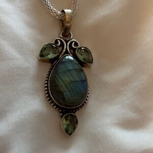 Labradorite and Green Gemstone Teardrop Pendant Necklace - Silver Tone